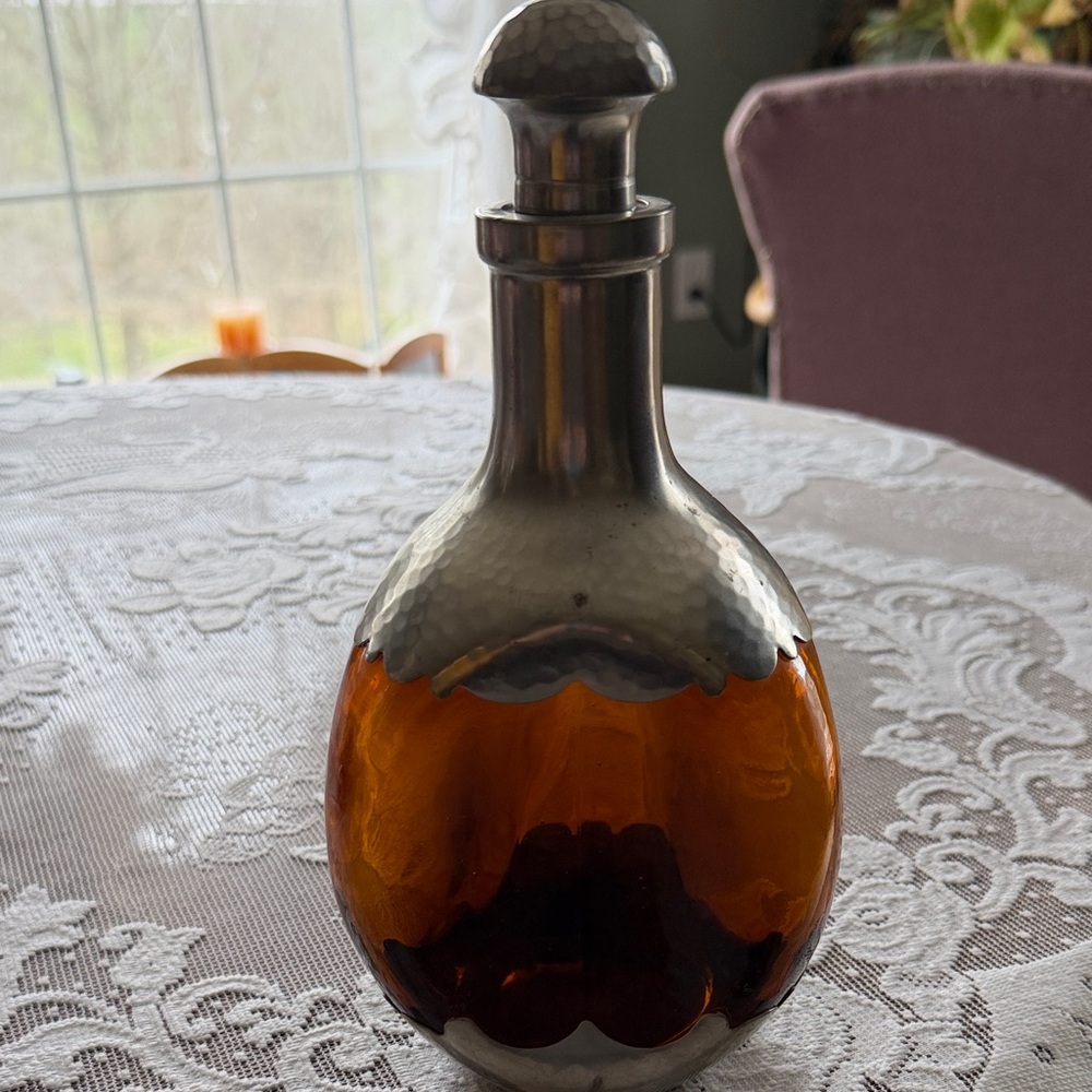 Vintage 1930’s Amber Glass Bottle with Metal Stopper made in Holland